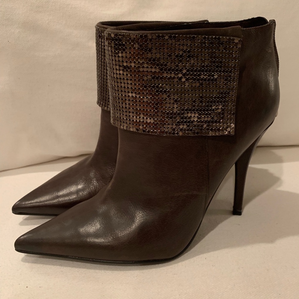 Guess brown leather booties w/ sequin cuff, 8